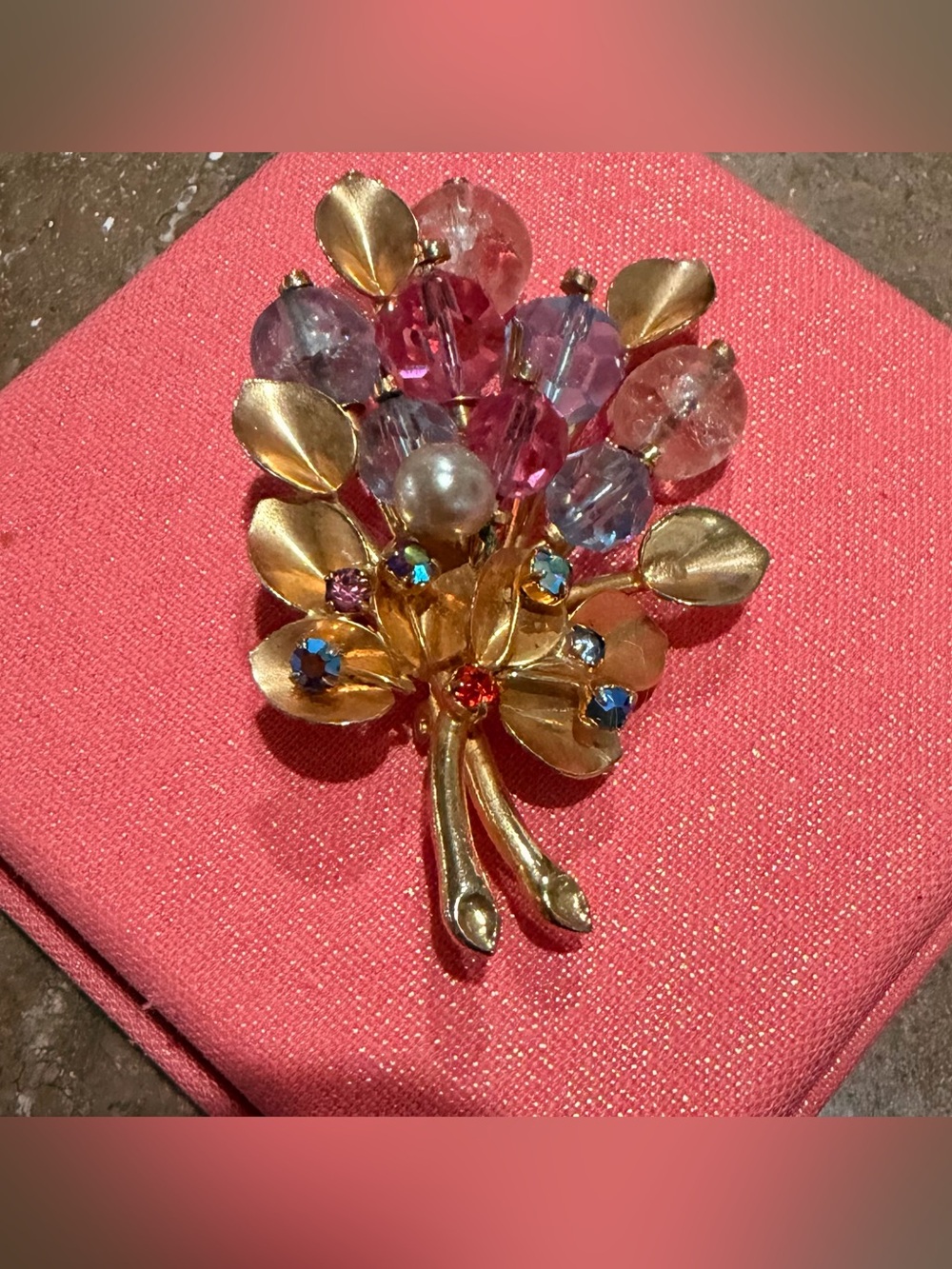 Vintage Made in Austria Gold Floral Brooch with Pink and Purple Crystal Accents